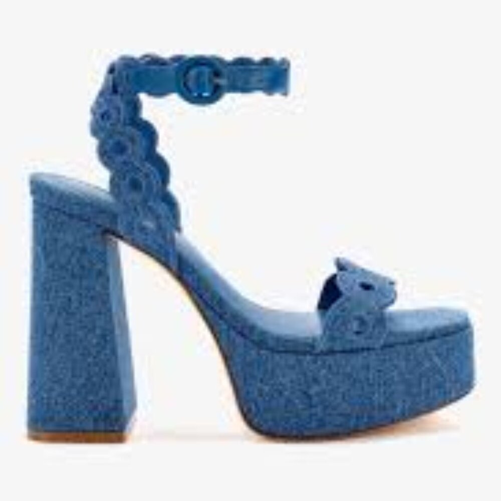 Larroudé Dolly Broderie Sandal In Blue Stoned Denim, Size 6.5 NIB